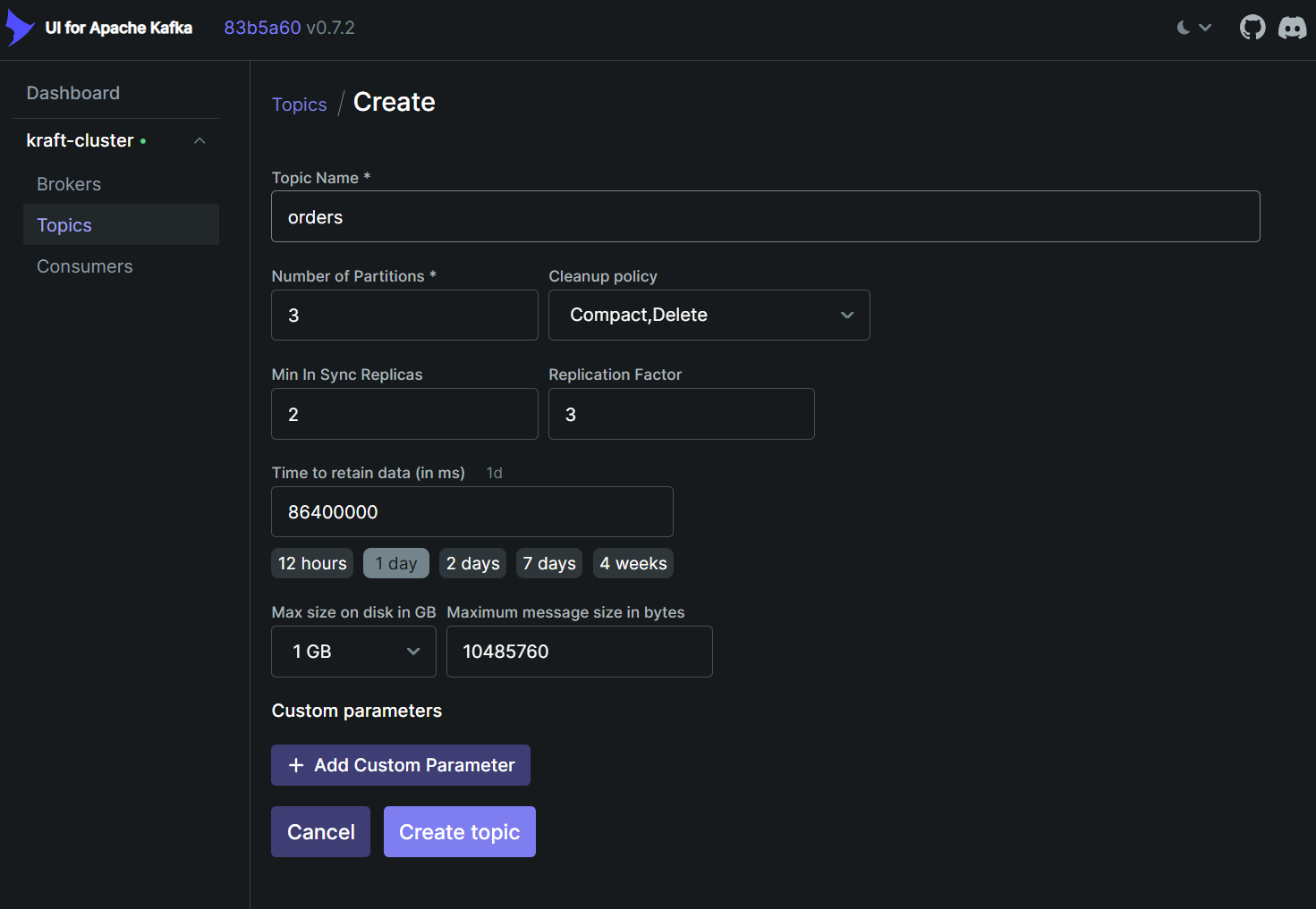 使用 kafka ui 创建 Topic